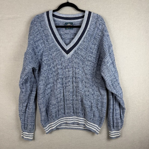 Jantzen Other - Vtg Jantzen Mens Blue Cable Knit V-Neck Sweater Made in USA Large Striped Trim